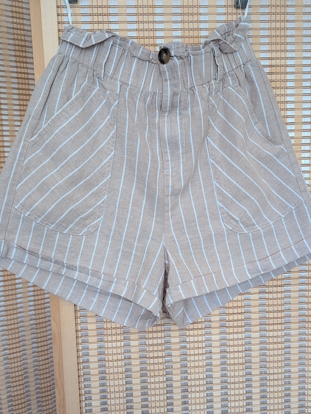 Striped Beige Paperbag Waist Women's Linen Blend Shorts